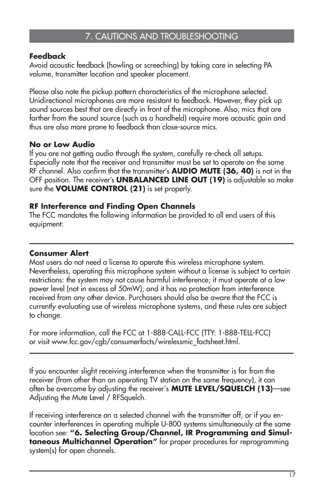 Nady Systems U-800 owner manual Feedback, No or Low Audio, RF Interference and Finding Open Channels, Consumer Alert 