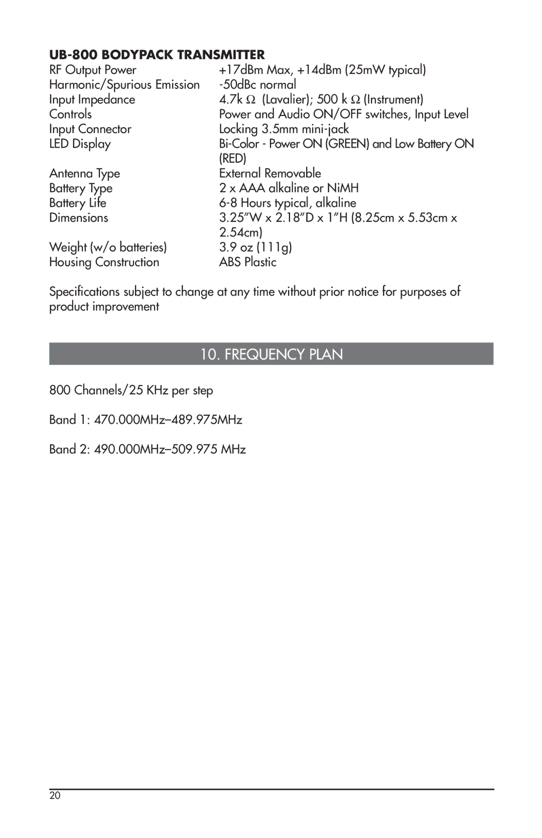 Nady Systems U-800 owner manual Frequency Plan, UB-800 Bodypack Transmitter 