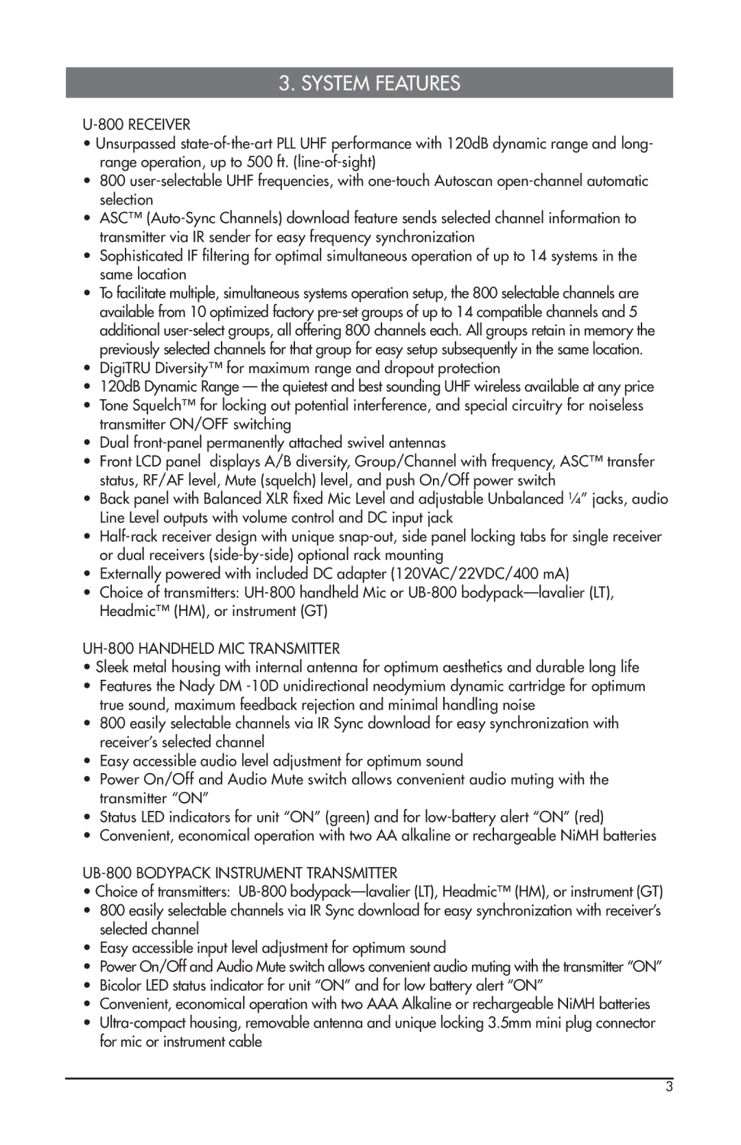 Nady Systems U-800 owner manual System Features, Receiver 