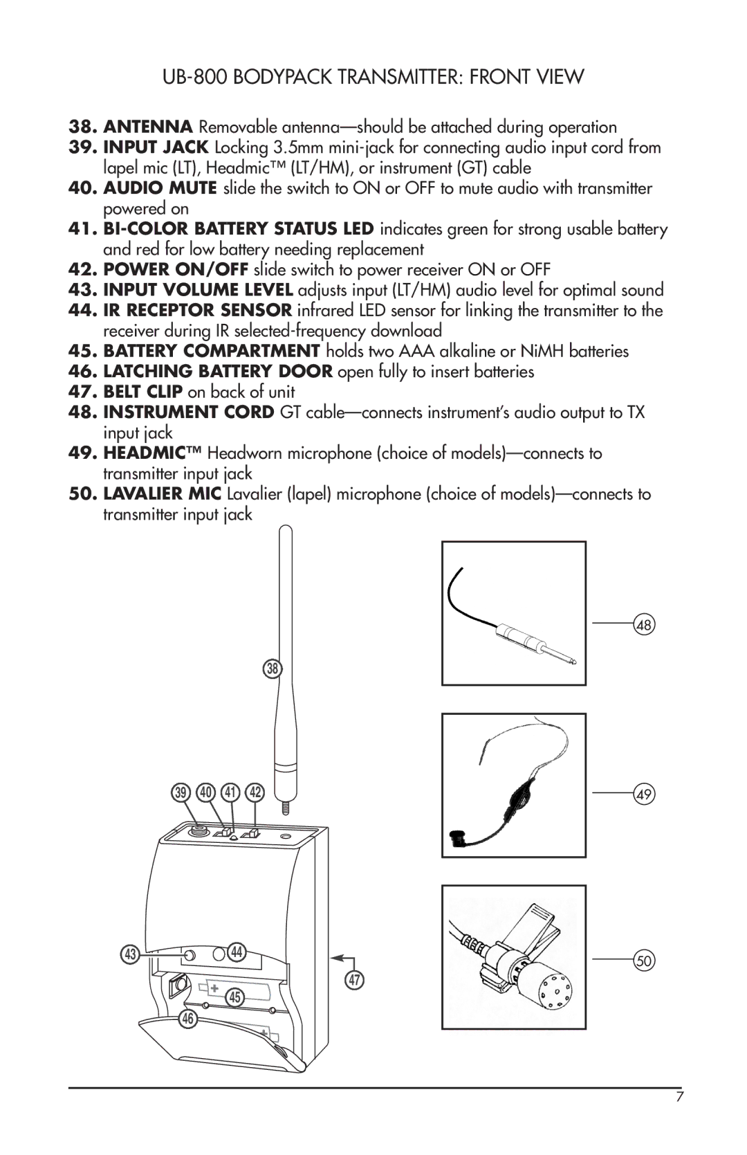 Nady Systems U-800 owner manual UB-800 Bodypack Transmitter Front View 