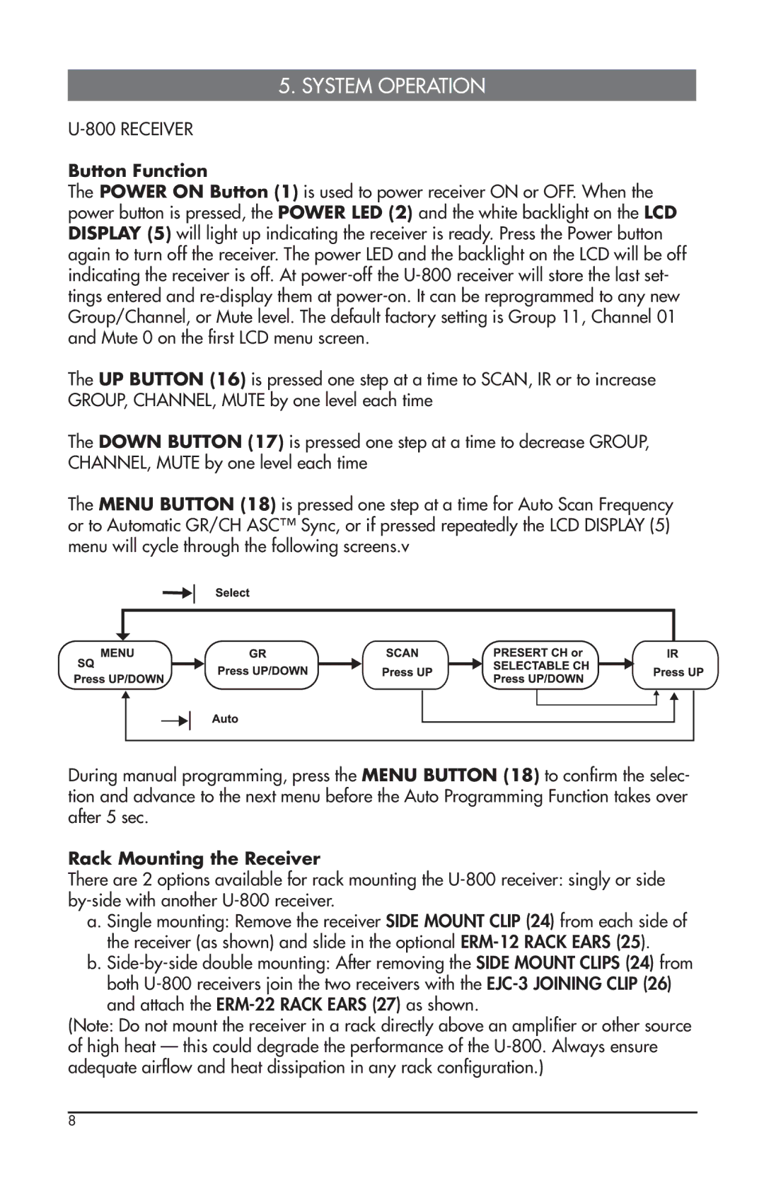 Nady Systems U-800 owner manual System Operation, Button Function, Rack Mounting the Receiver 