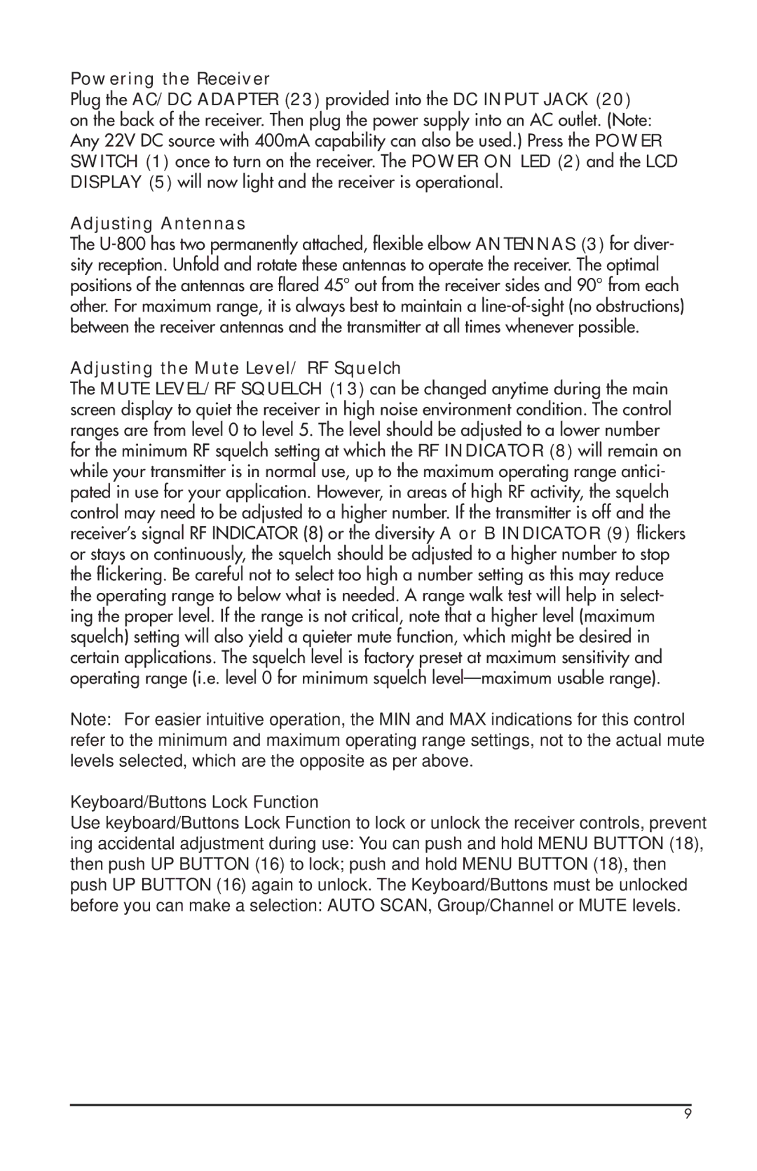 Nady Systems U-800 owner manual Adjusting the Mute Level/ RF Squelch, Keyboard/Buttons Lock Function 