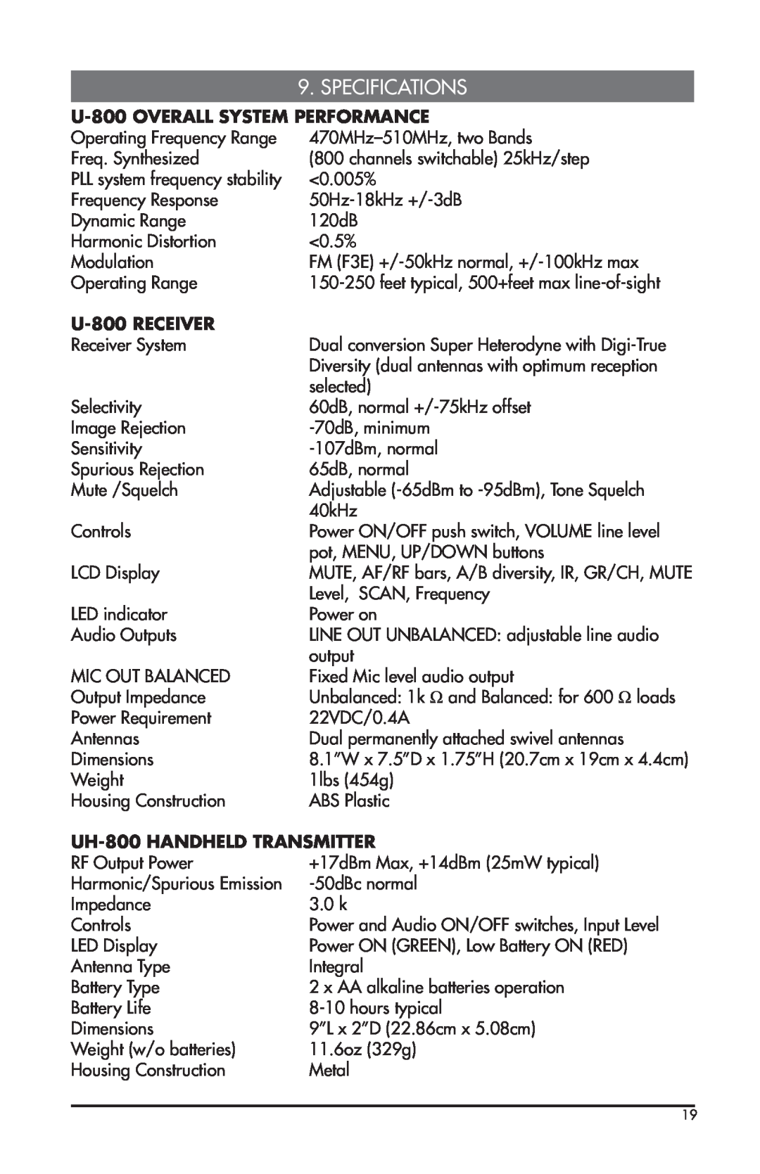 Nady Systems owner manual Specifications, U-800OVERALL SYSTEM PERFORMANCE, U-800RECEIVER, UH-800HANDHELD TRANSMITTER 