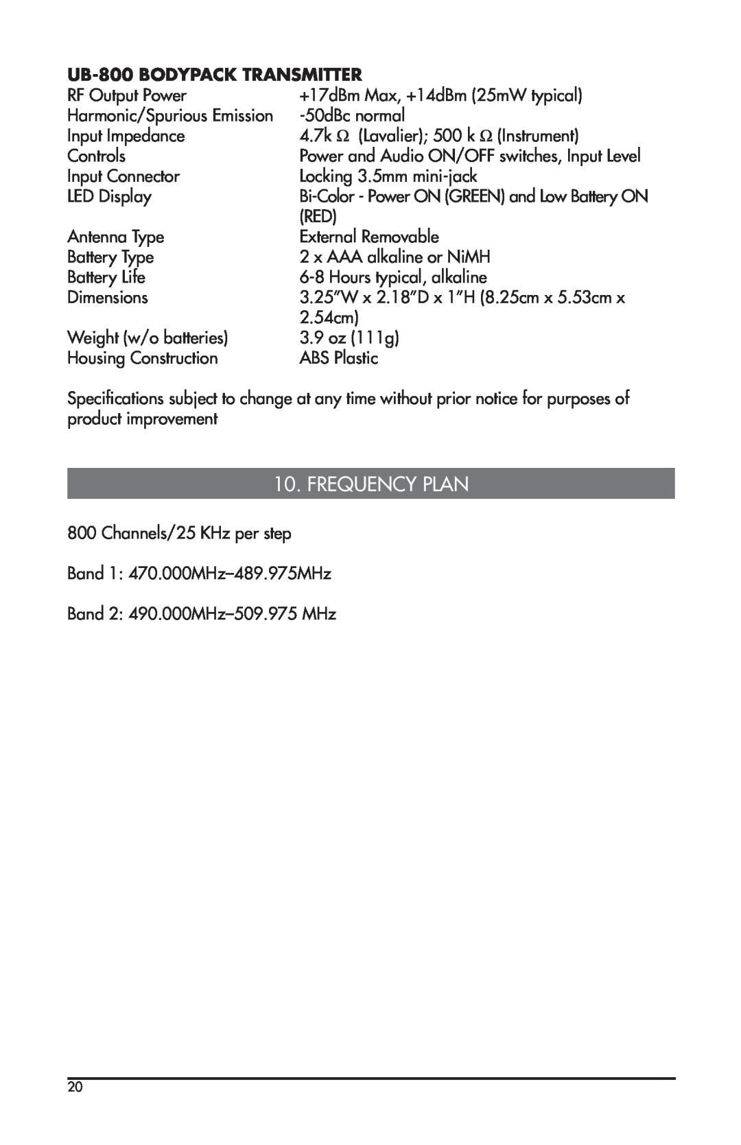 Nady Systems U-800 owner manual Frequency Plan, UB-800BODYPACK TRANSMITTER 