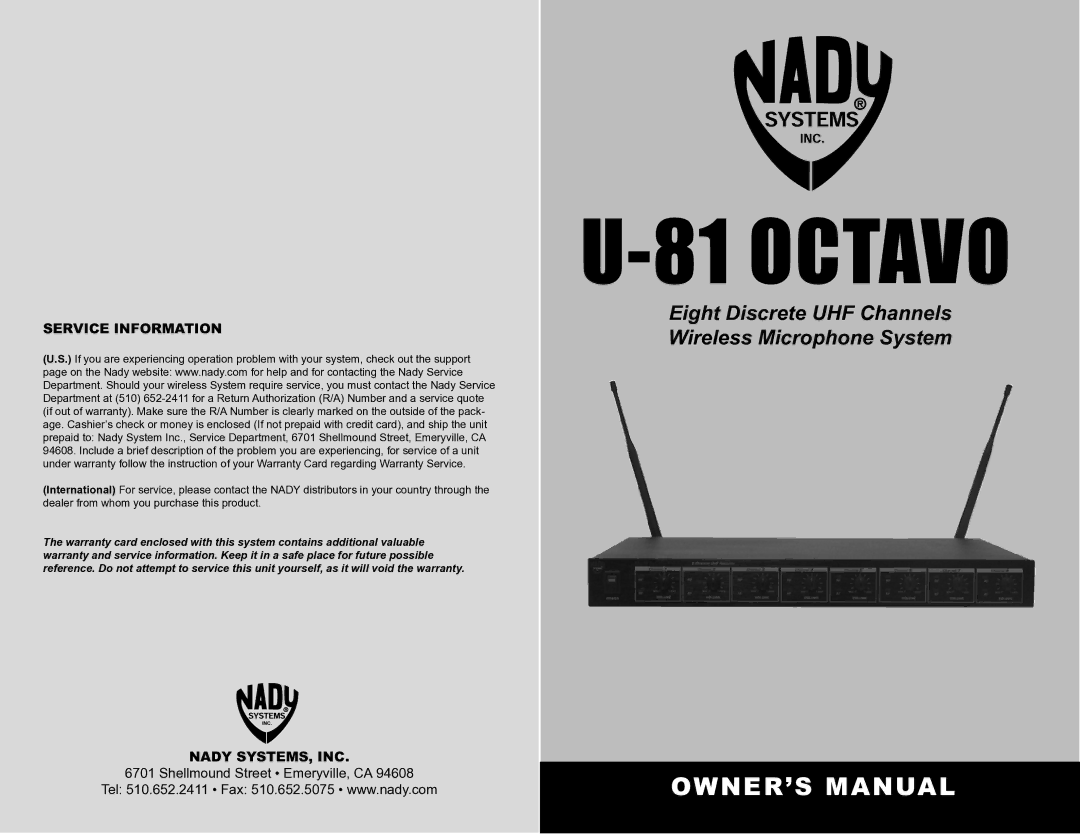 Nady Systems U-81 owner manual Octavo 