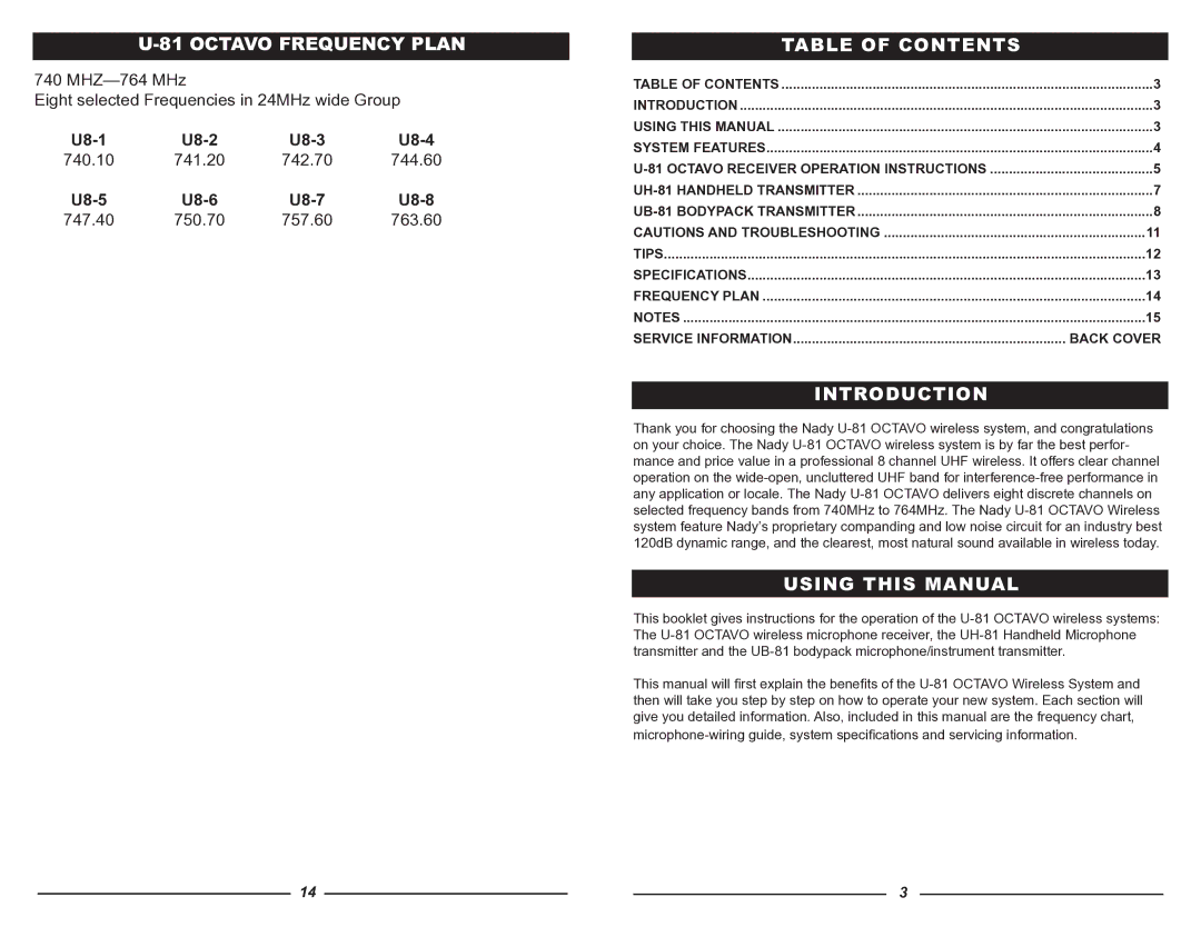 Nady Systems U-81 owner manual Octavo Frequency Plan, Table of Contents, Introduction, Using this Manual 