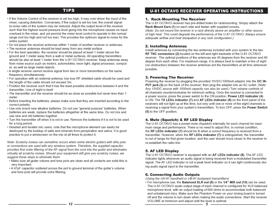 Nady Systems U-81 owner manual Tips, Octavo Receiver Operating Instructions 