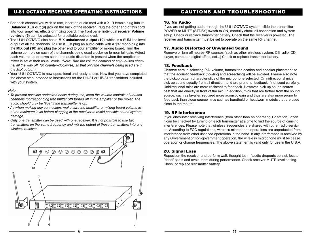 Nady Systems U-81 owner manual No Audio, Audio Distorted or Unwanted Sound, Feedback, RF Interference, Signal Loss 