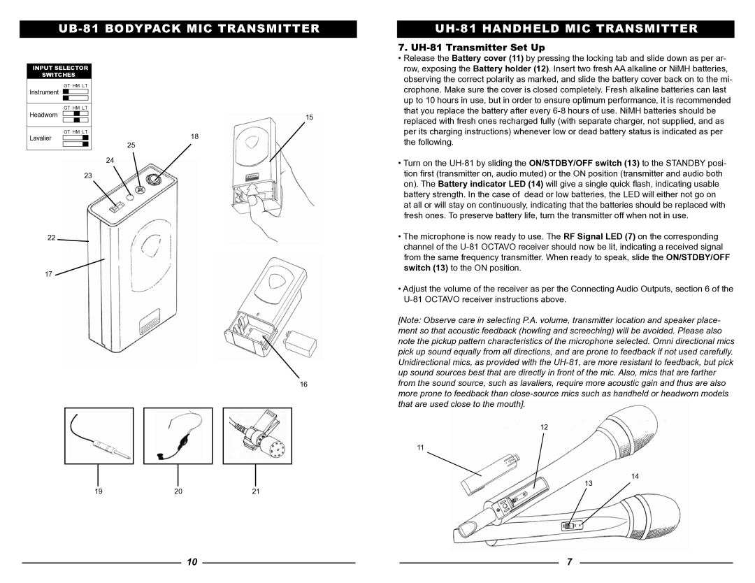 Nady Systems U-81 owner manual UB-81 Bodypack MIC Transmitter, UH-81 Handheld MIC Transmitter, UH-81 Transmitter Set Up 