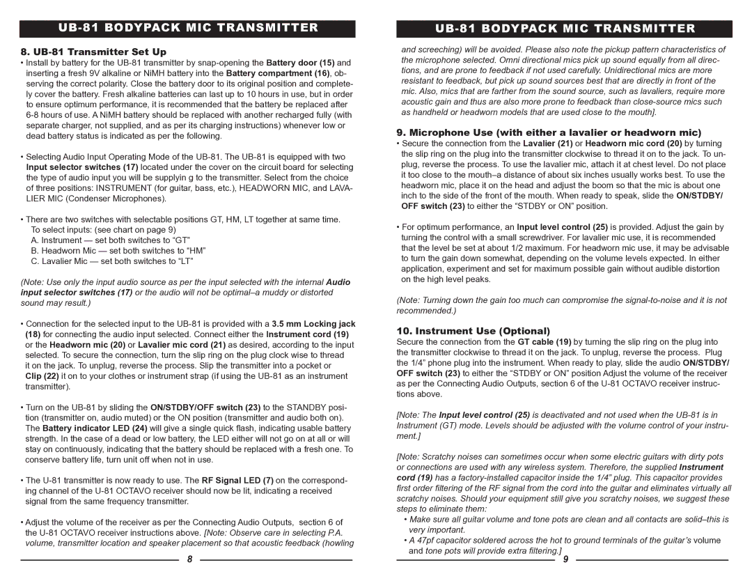 Nady Systems U-81 UB-81 Transmitter Set Up, Microphone Use with either a lavalier or headworn mic, Instrument Use Optional 