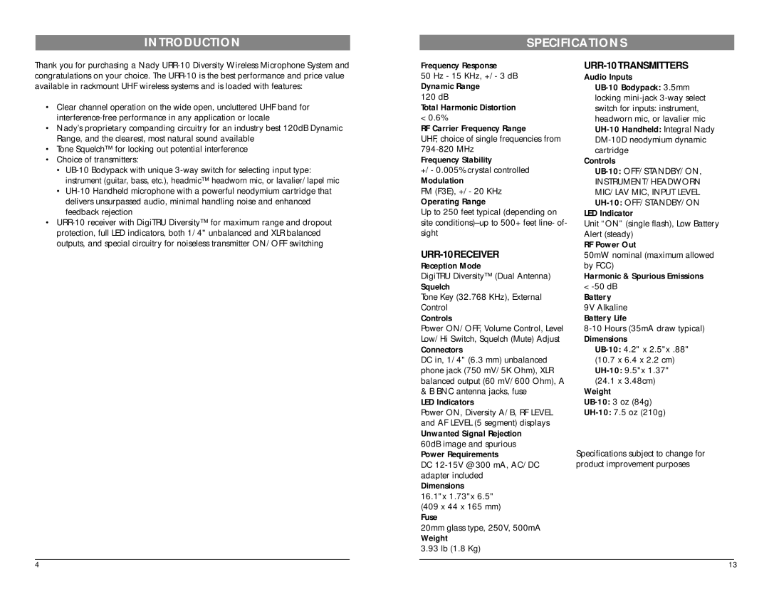 Nady Systems UB-10 owner manual Introduction Specifications, BNC antenna jacks, fuse LED Indicators 