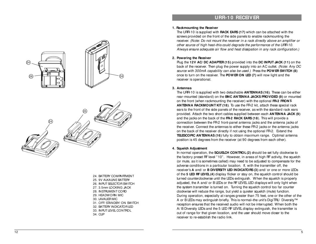 Nady Systems UB-10 owner manual URR-10 Receiver, Rackmounting the Receiver, Squelch Adjustment 