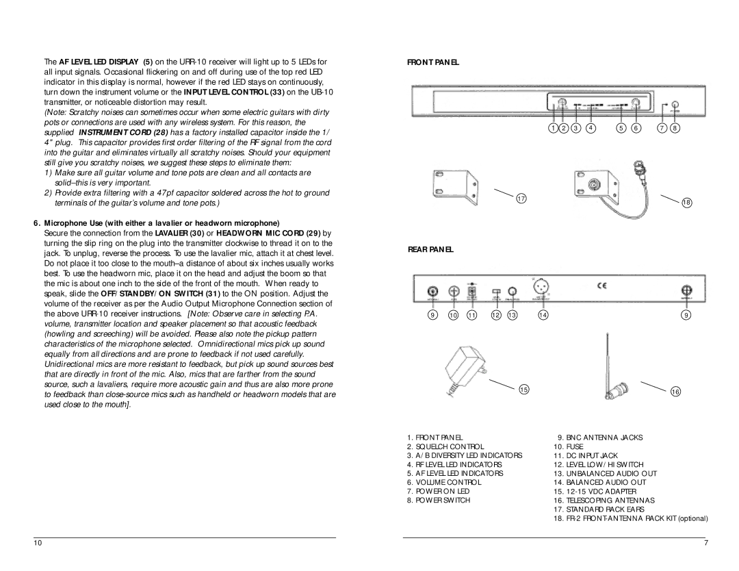 Nady Systems UB-10 owner manual Front Panel Rear Panel 