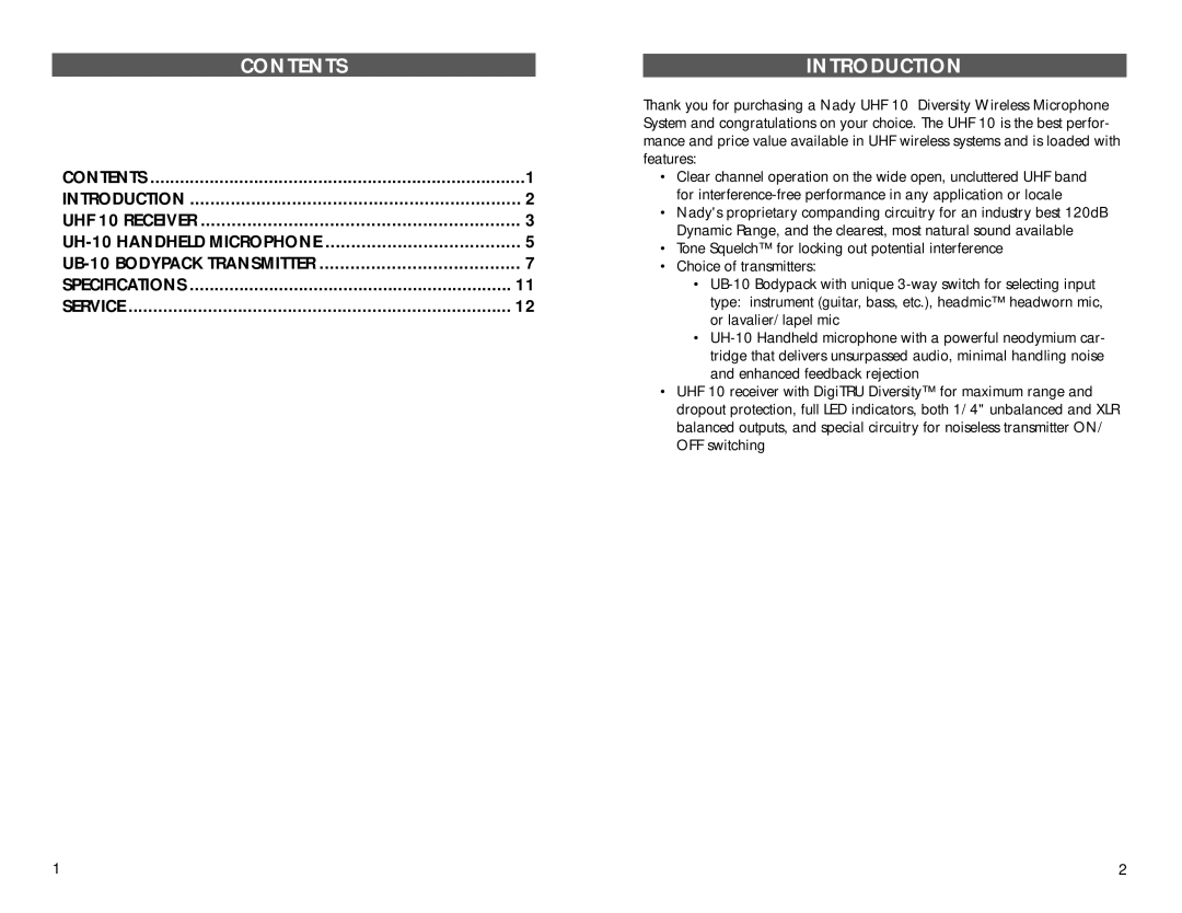 Nady Systems UHF 10 manual Contents, Introduction 