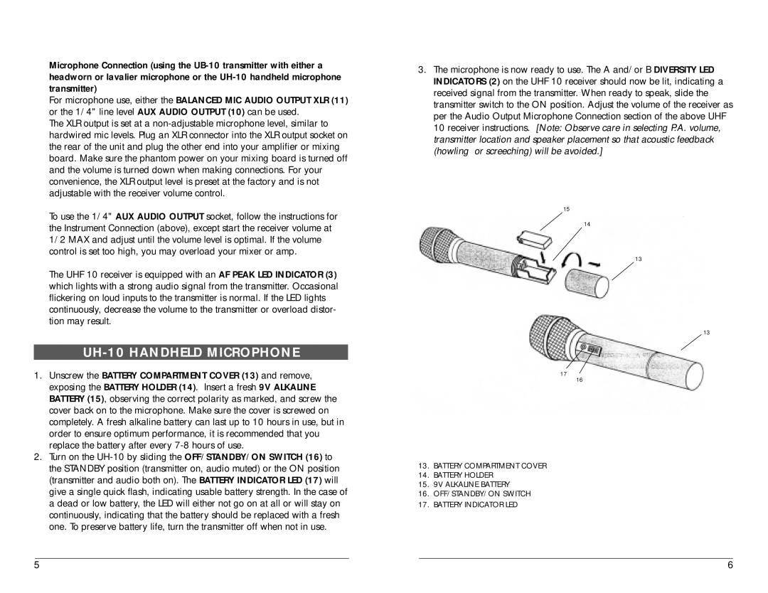 Nady Systems UHF 10 manual UH-10 Handheld Microphone 