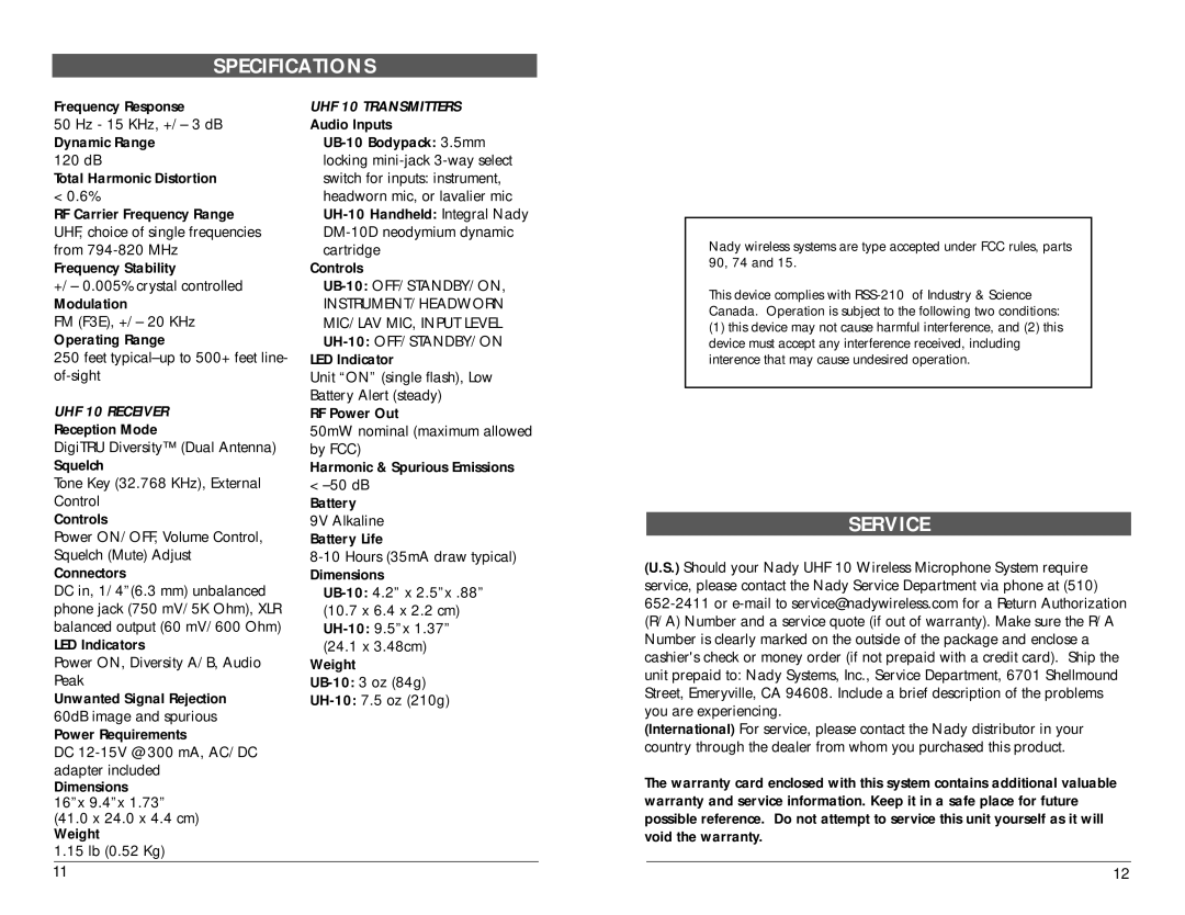 Nady Systems UHF 10 manual Specifications, Service 