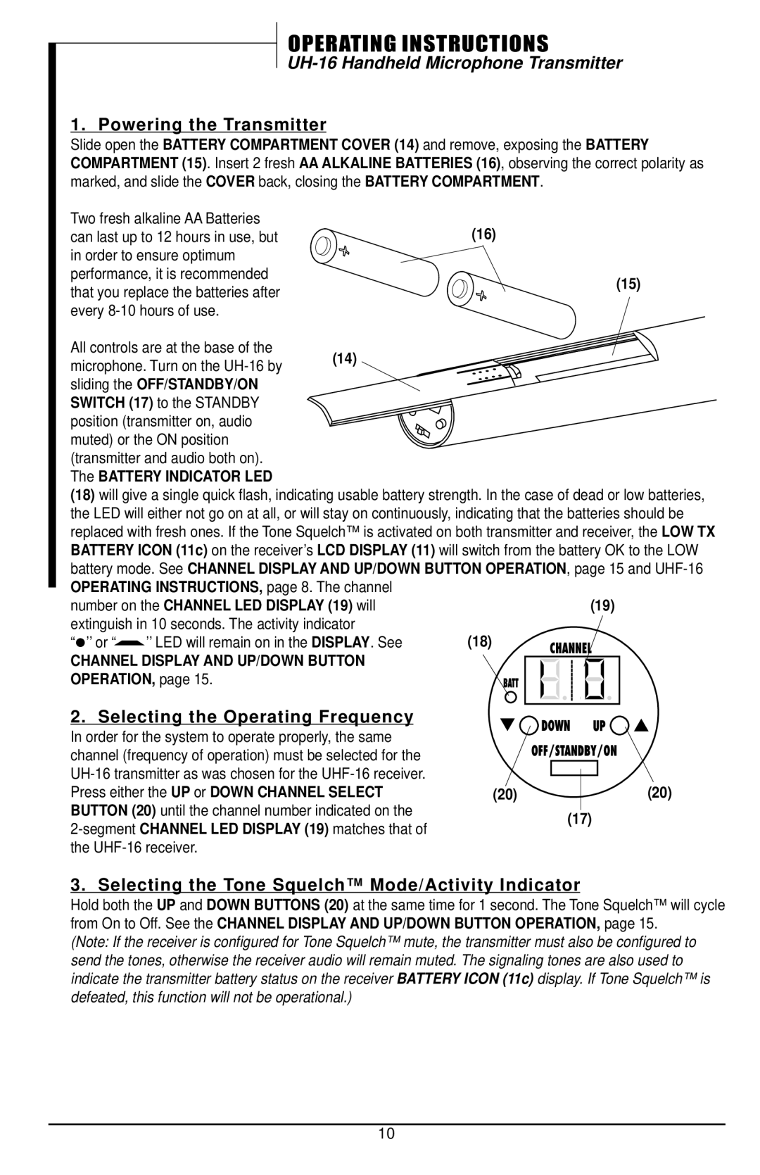 Nady Systems UHF-16 owner manual Powering the Transmitter, Selecting the Operating Frequency, Operation 