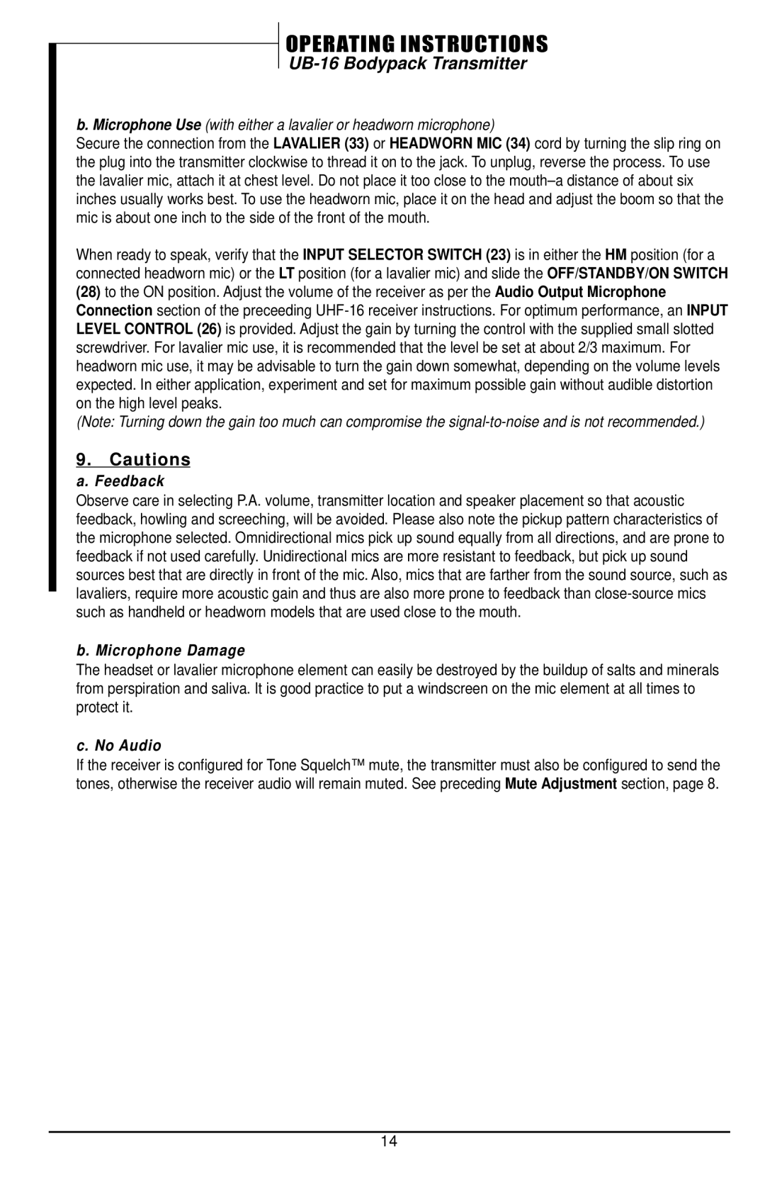 Nady Systems UHF-16 owner manual Feedback, Microphone Damage, No Audio 