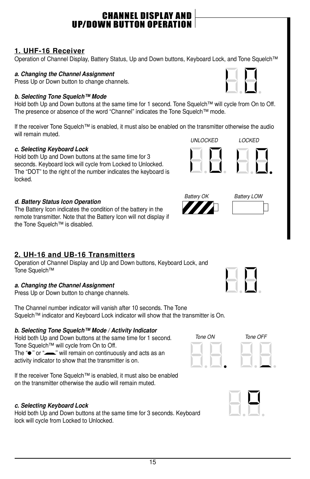 Nady Systems UHF-16 owner manual Channel Display UP/DOWN Button Operation, UH-16 and UB-16 Transmitters 