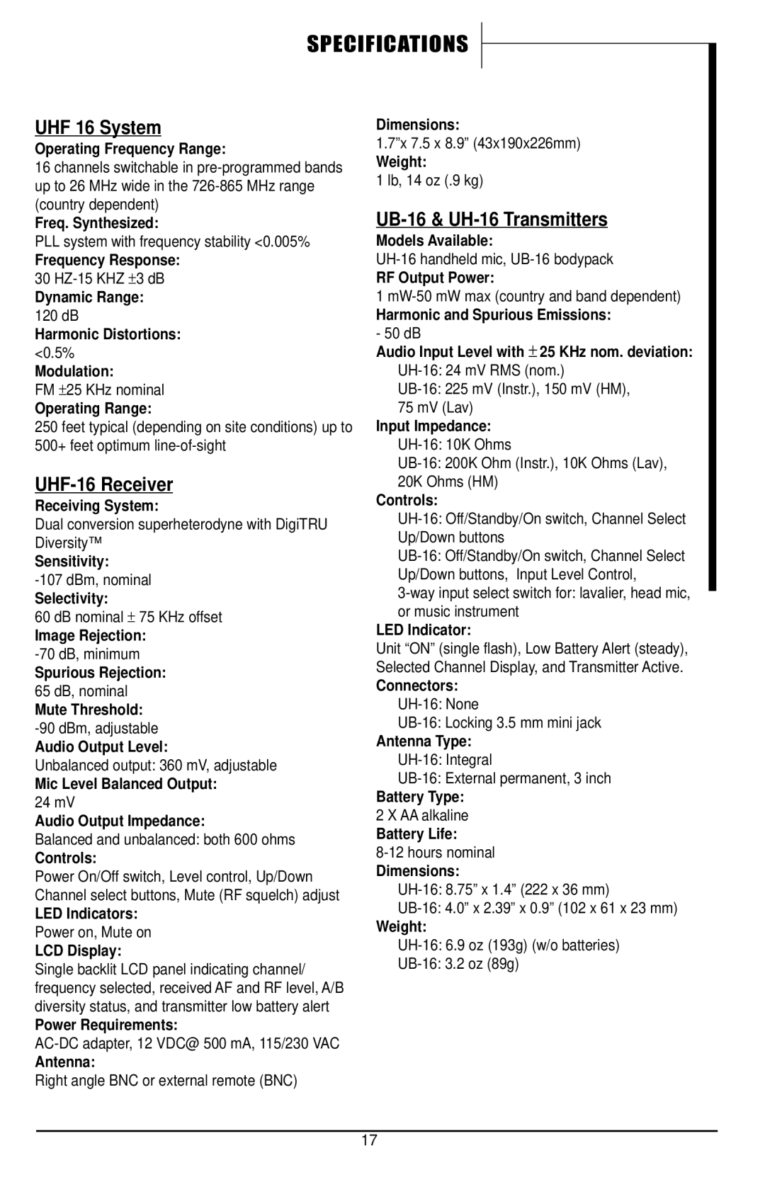 Nady Systems UHF-16 owner manual Specifications 