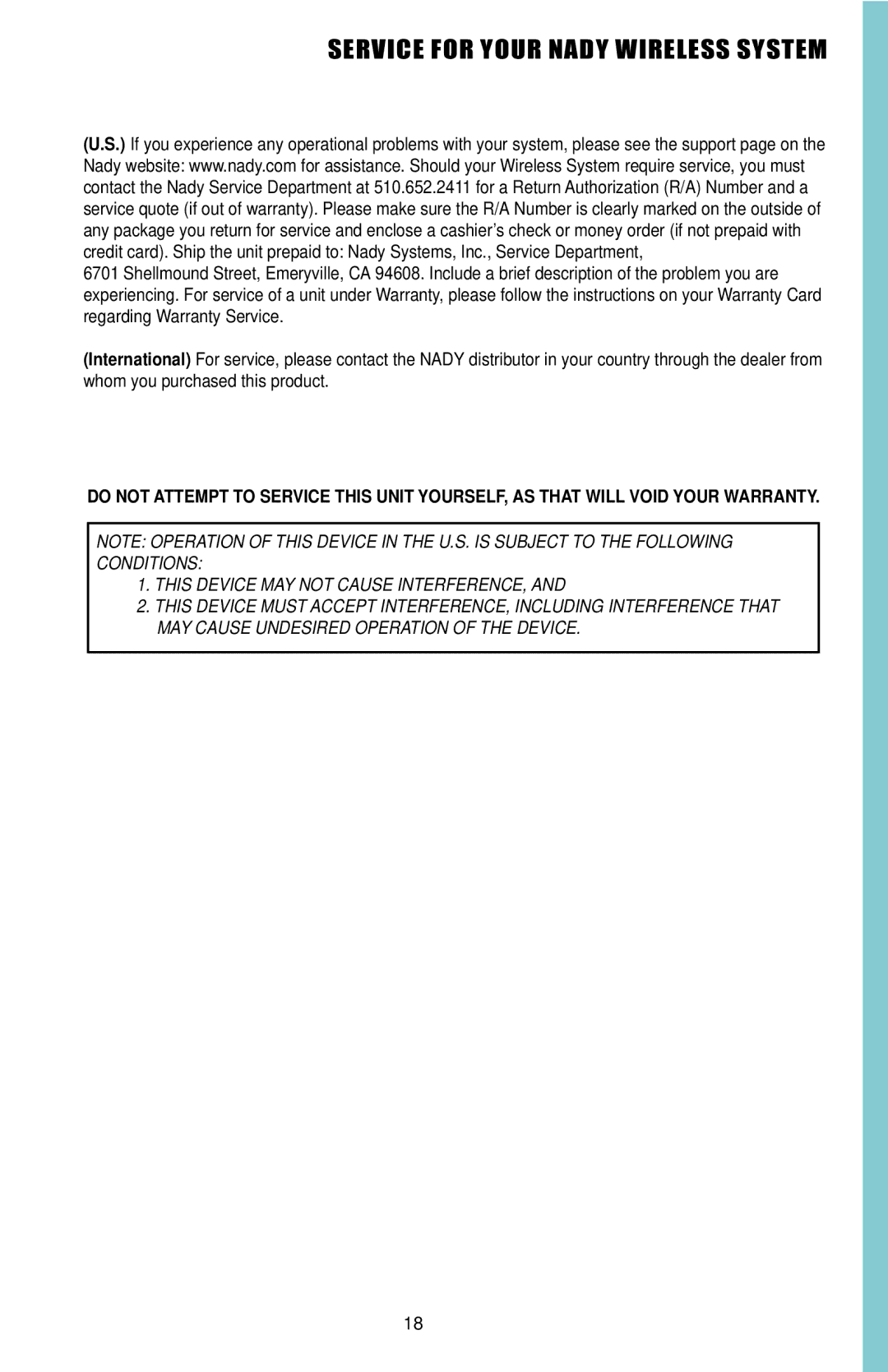 Nady Systems UHF-16 owner manual Service for Your Nady Wireless System, This Device MAY not Cause INTERFERENCE 