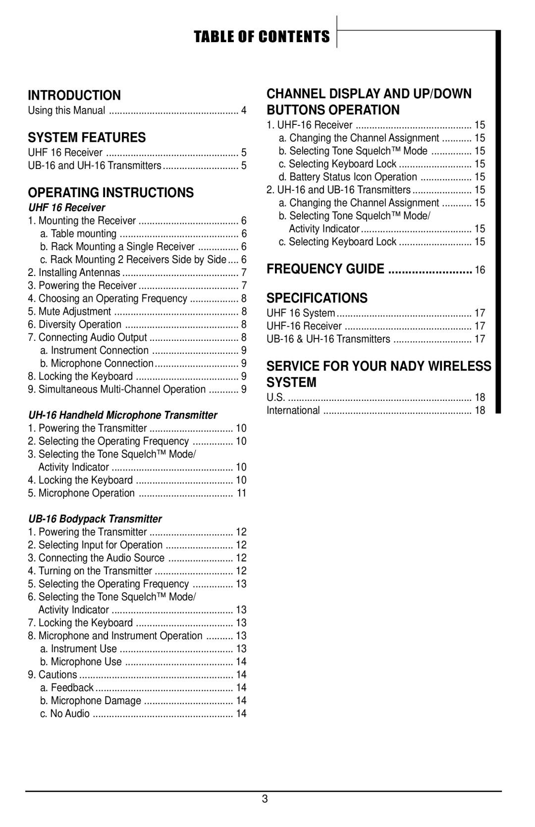 Nady Systems UHF-16 owner manual Table of Contents 