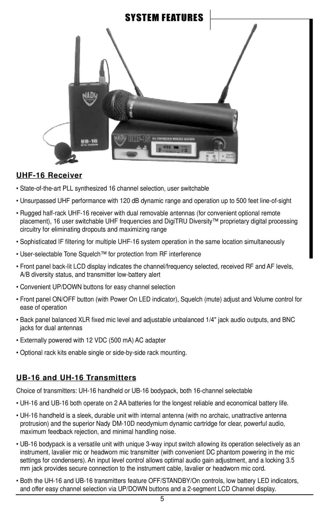 Nady Systems owner manual System Features, UHF-16 Receiver, UB-16 and UH-16 Transmitters 