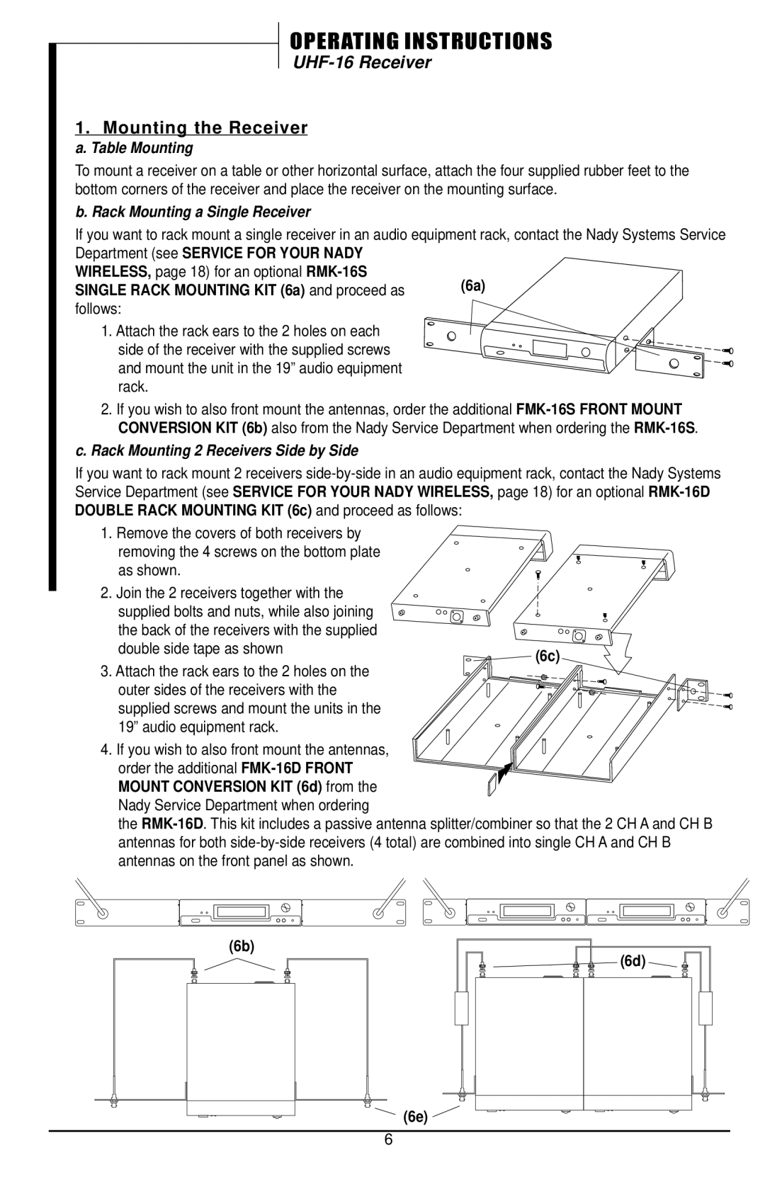 Nady Systems UHF-16 Operating Instructions, Mounting the Receiver a. Table Mounting, Rack Mounting a Single Receiver 