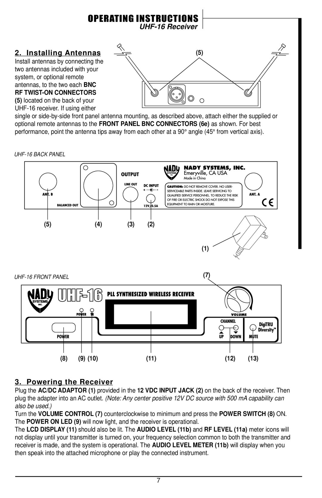 Nady Systems UHF-16 owner manual Installing Antennas, Powering the Receiver 