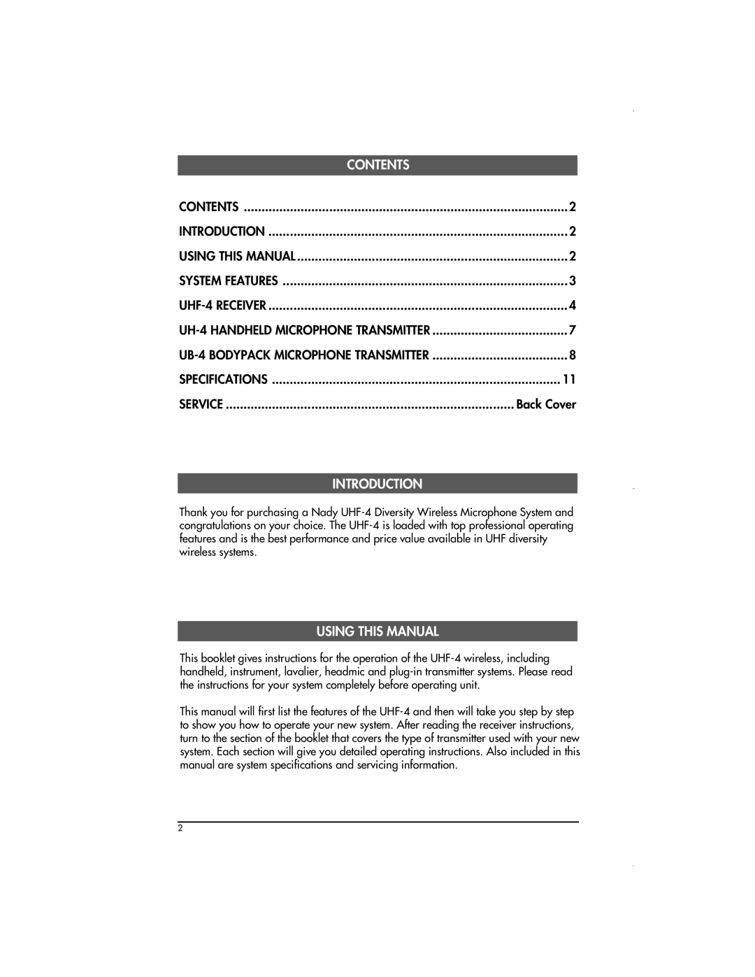 Nady Systems UHF4LTSYS16, UHF4LTSYS11, UHF4LTSYS15, UHF4HTSYS15, UHF4HTSYS14 Contents, Introduction, Using this Manual 