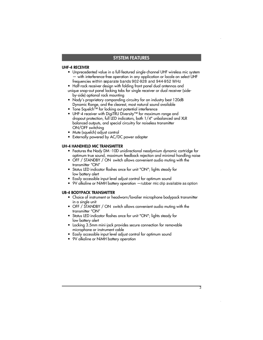 Nady Systems UHF4HTSYS15, UHF4LTSYS11, UHF4LTSYS15, UHF4LTSYS16, UHF4HTSYS14 System Features, UH-4 Handheld MIC Transmitter 