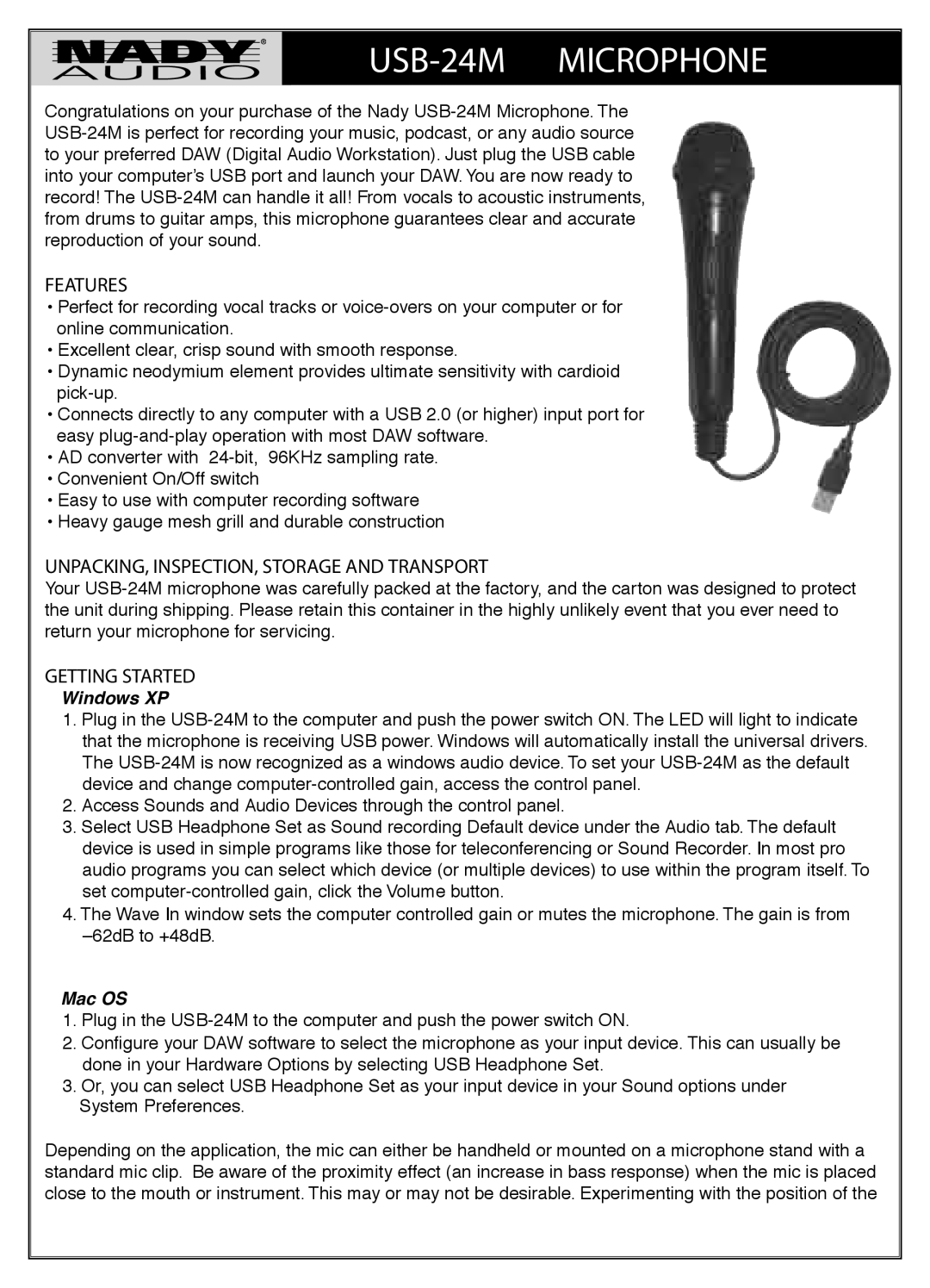 Nady Systems 50hz manual USB-24M Microphone, Features, UNPACKING, INSPECTION, Storage and Transport, Getting Started 