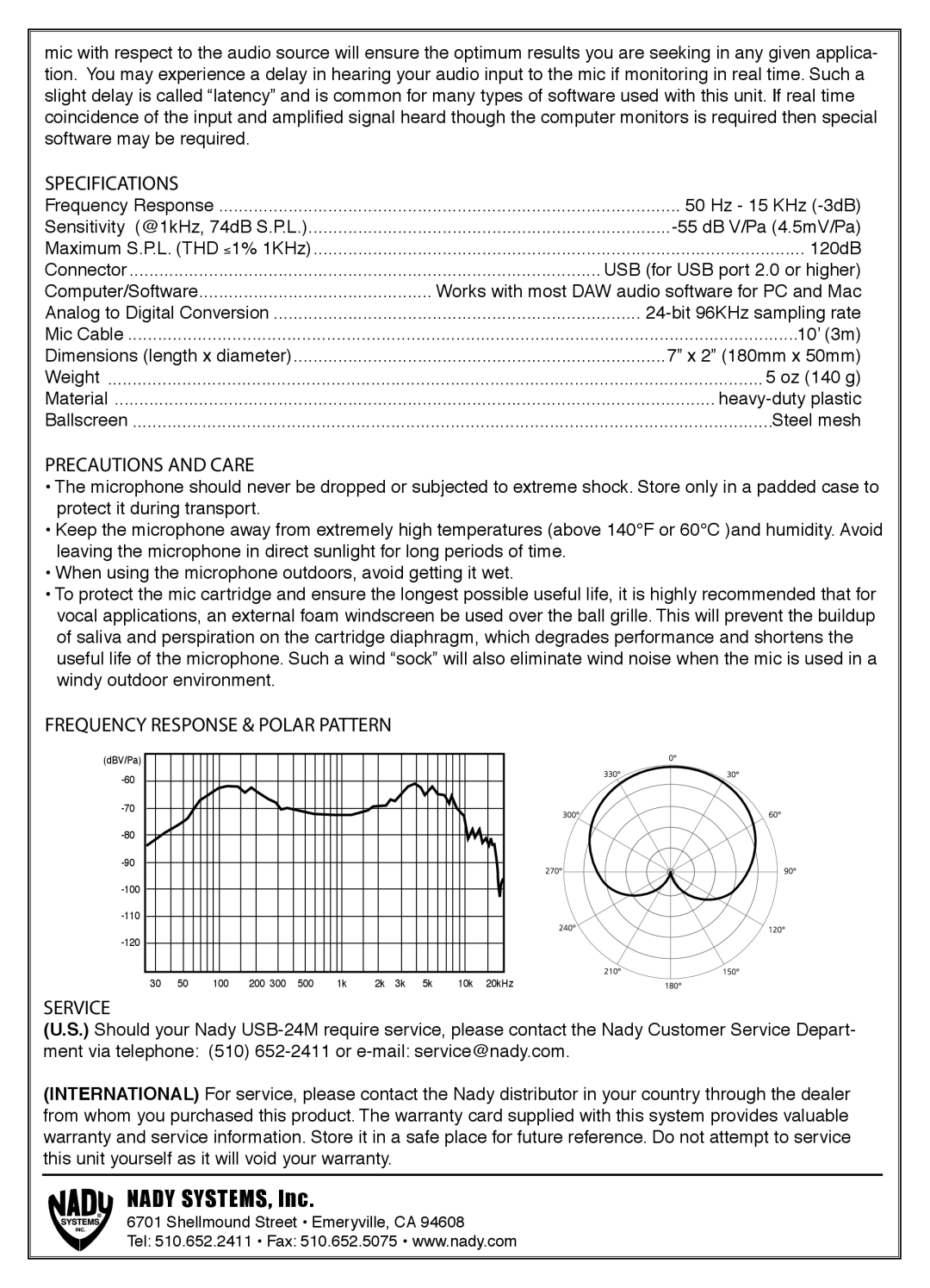 Nady Systems 15khz, USB-24M, 50hz manual Specifications, Precautions and Care, Frequency Response & Polar Pattern, Service 