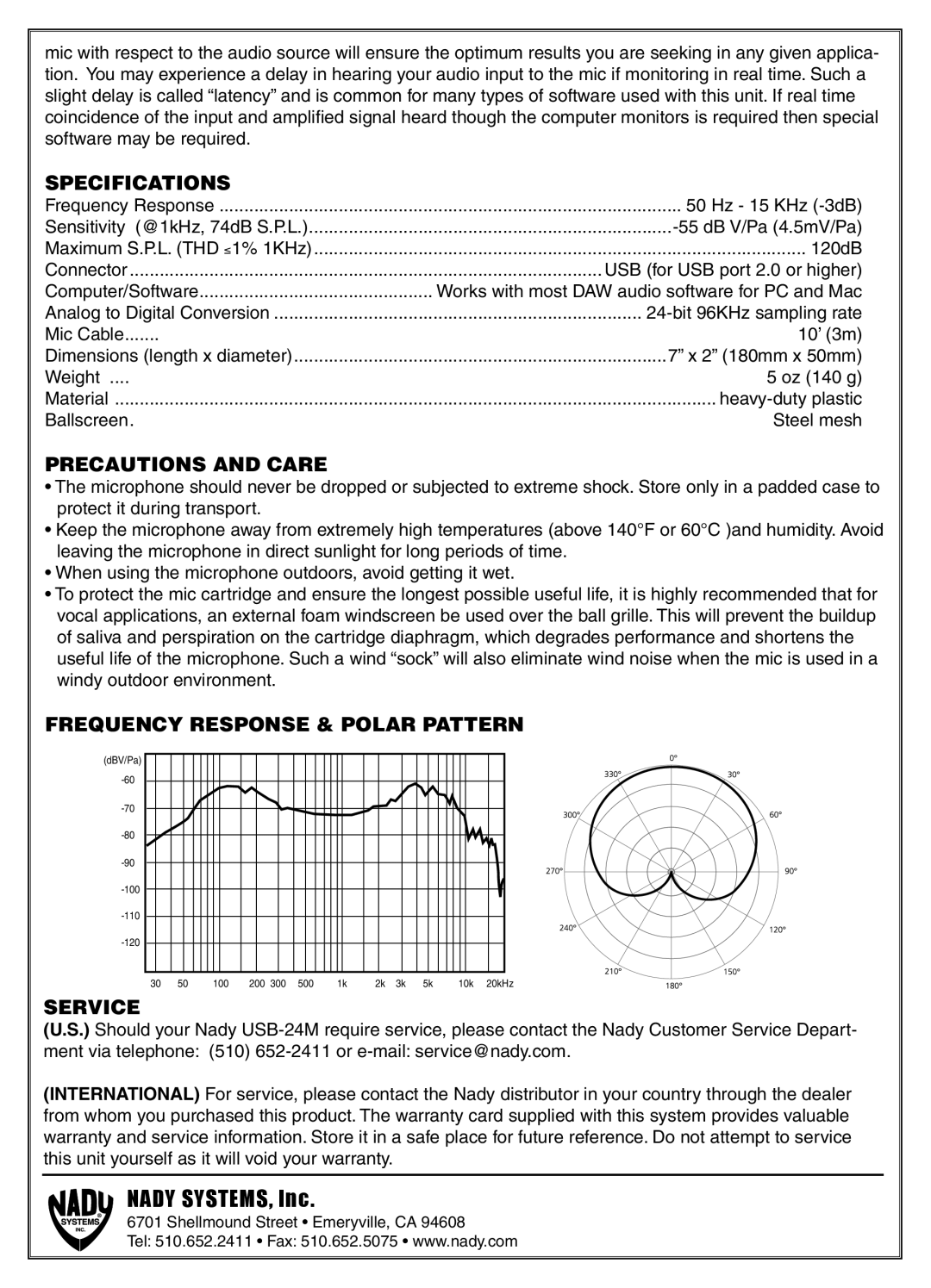 Nady Systems USB-24M manual Specifications, Precautions and Care, Frequency Response & Polar Pattern, Service 