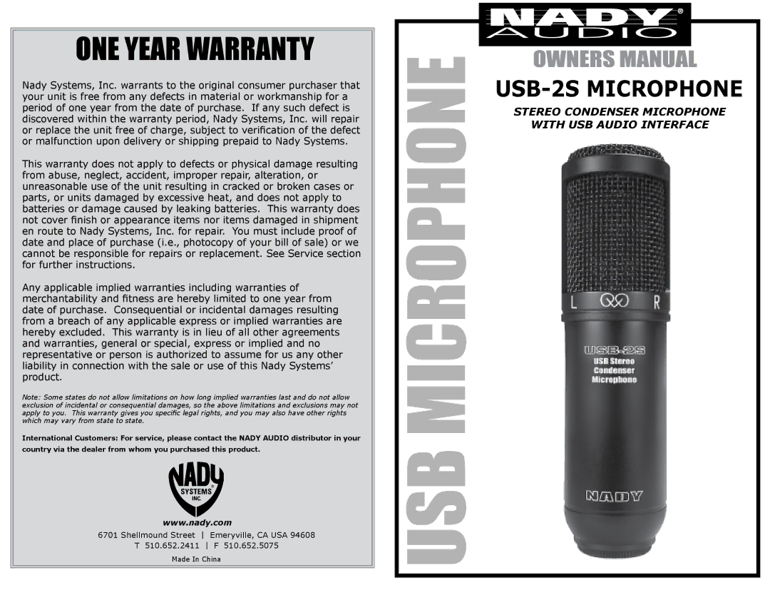 Nady Systems USB-2S warranty ONE Year Warranty 