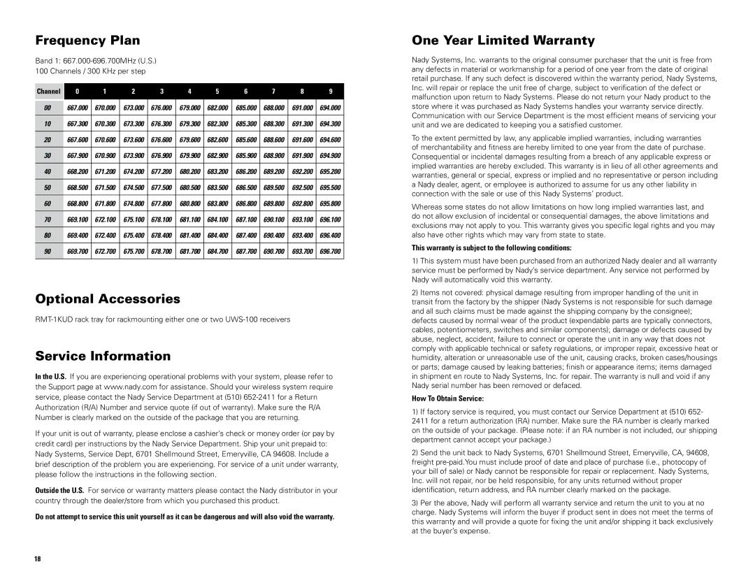 Nady Systems UWS100LTHM10, UWS100HT Frequency Plan, Optional Accessories, Service Information, One Year Limited Warranty 