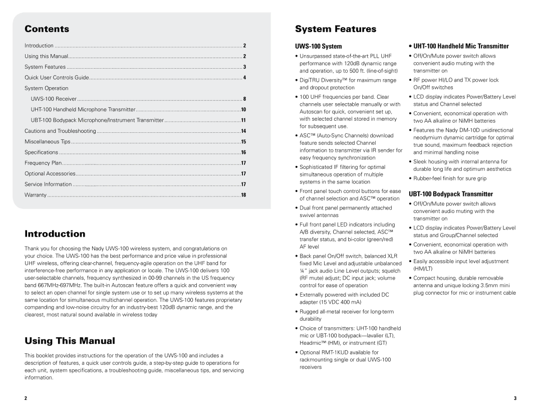 Nady Systems UWS100LTHM10, UWS100HT, UWS100LTU, UWS100LTHM20U Contents, Introduction, Using This Manual, System Features 