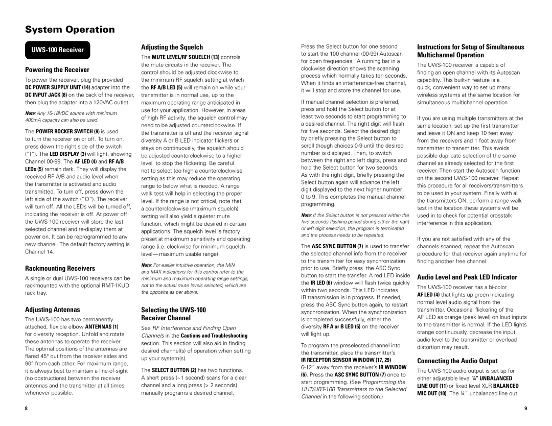 Nady Systems UWS100LTHM20U, UWS100HT, UWS100LTU, UWS100LTHM10, UWS100GT owner manual System Operation, UWS-100 Receiver 