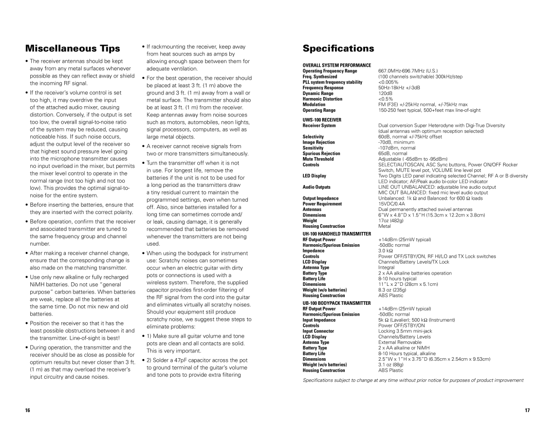 Nady Systems UWS100LTU, UWS100HT, UWS100LTHM10, UWS100LTHM20U, UWS100GT owner manual Miscellaneous Tips, Specifications 