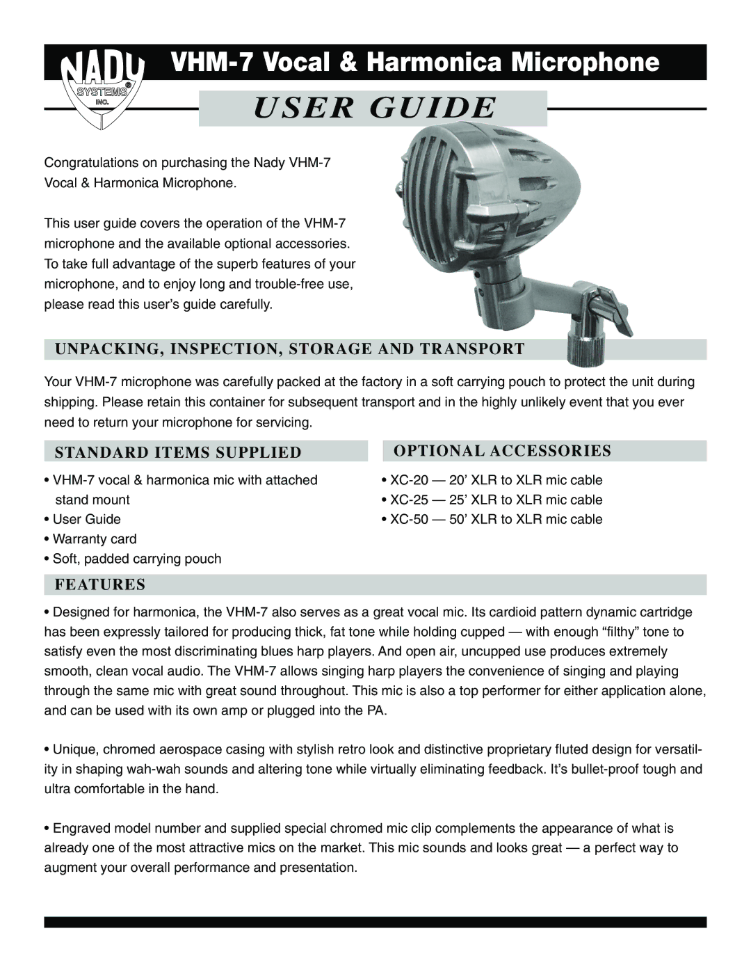 Nady Systems VHM7 warranty User Guide, UNPACKING, INSPECTION, Storage and Transport, Features 