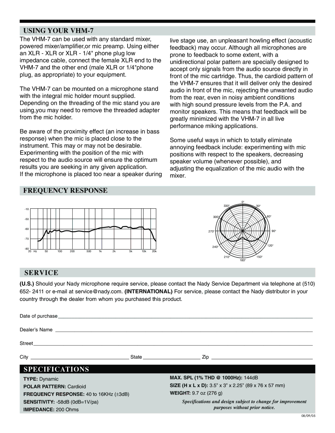 Nady Systems VHM7 warranty Using Your VHM-7, Frequency Response, Service, Specifications 