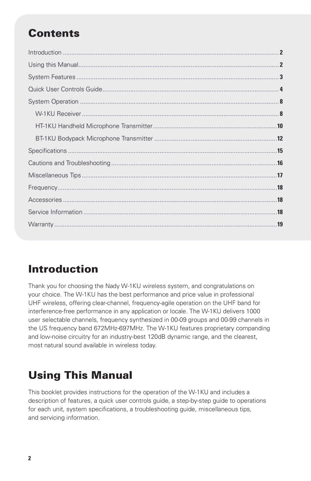 Nady Systems W1KULTBAND1, W1KUHTBAND1, UIC80PP owner manual Contents, Introduction, Using This Manual 