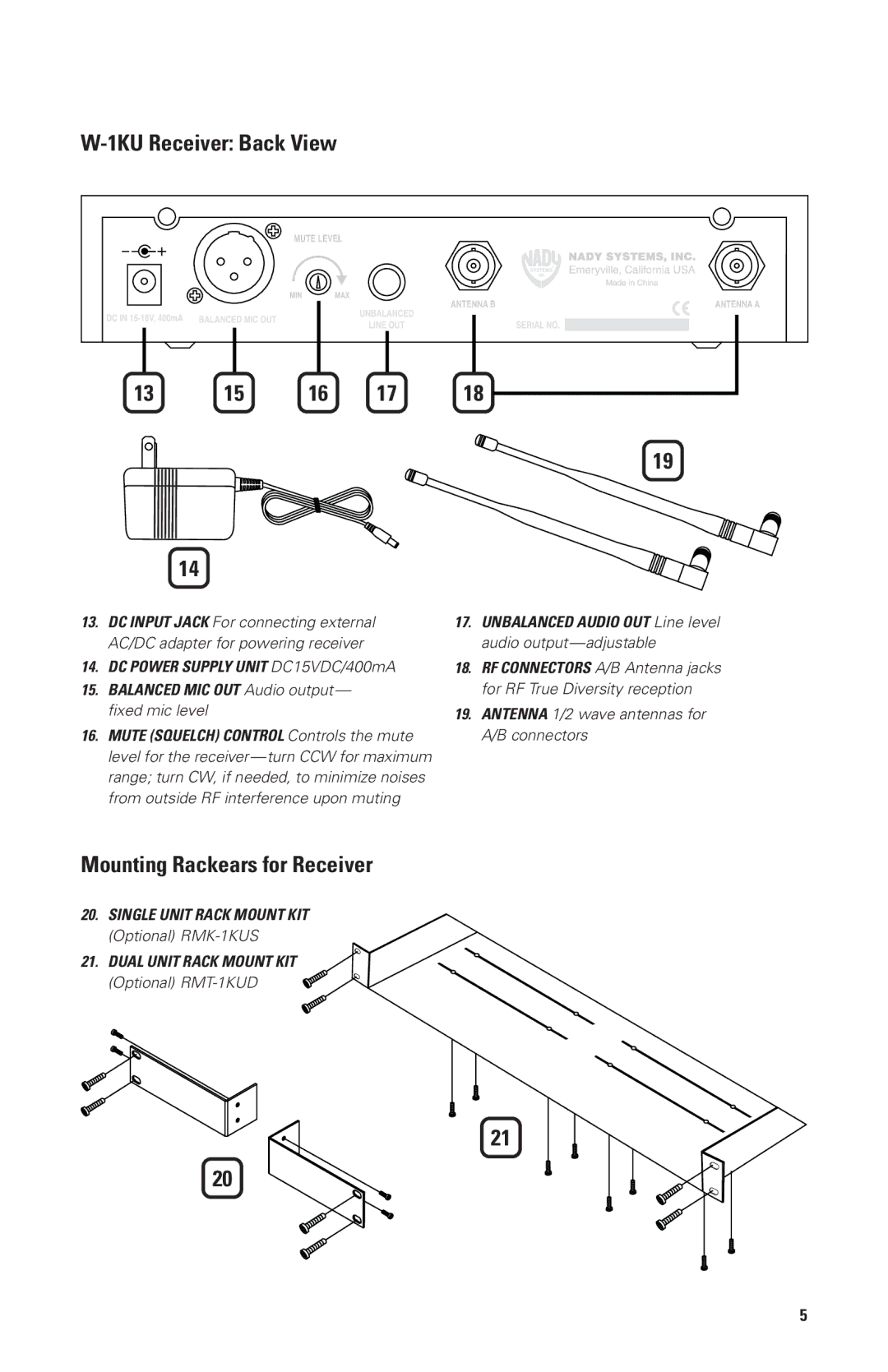 Nady Systems W1KUHTBAND1, W1KULTBAND1, UIC80PP owner manual 1KU Receiver Back View, Mounting Rackears for Receiver 