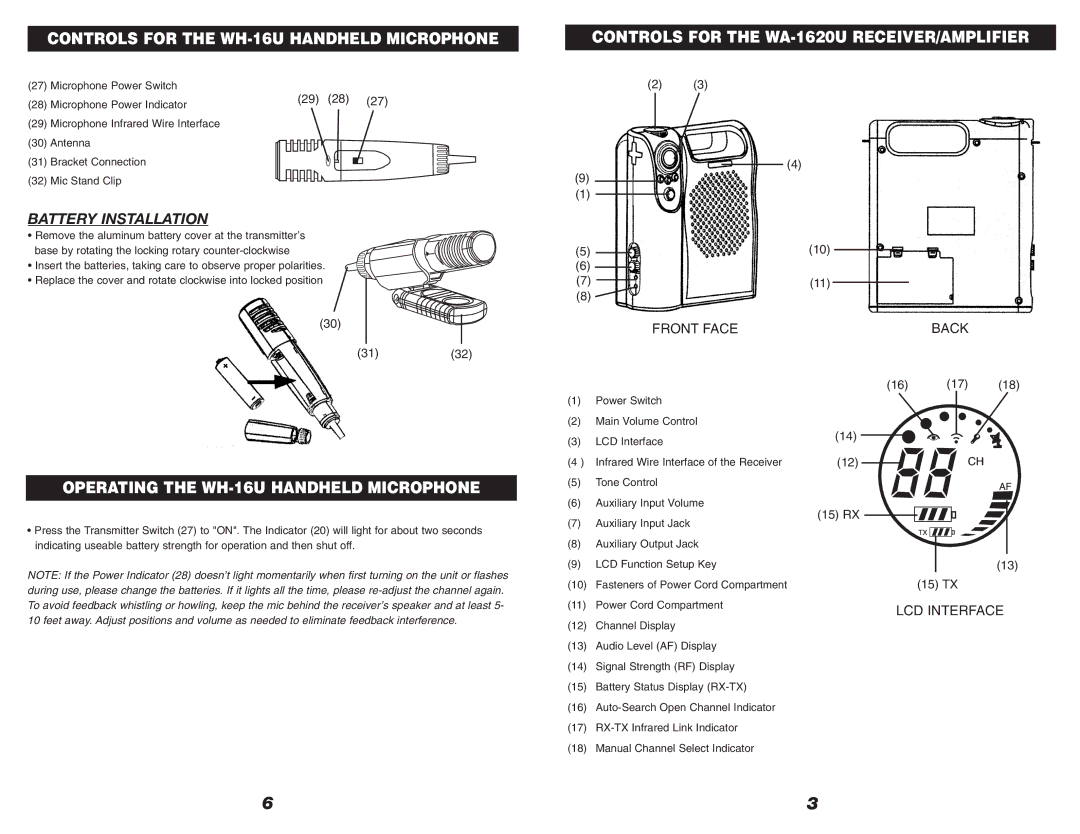 Nady Systems WA-1620U user manual Controls for the WH-16U Handheld Microphone, Operating the WH-16U Handheld Microphone 