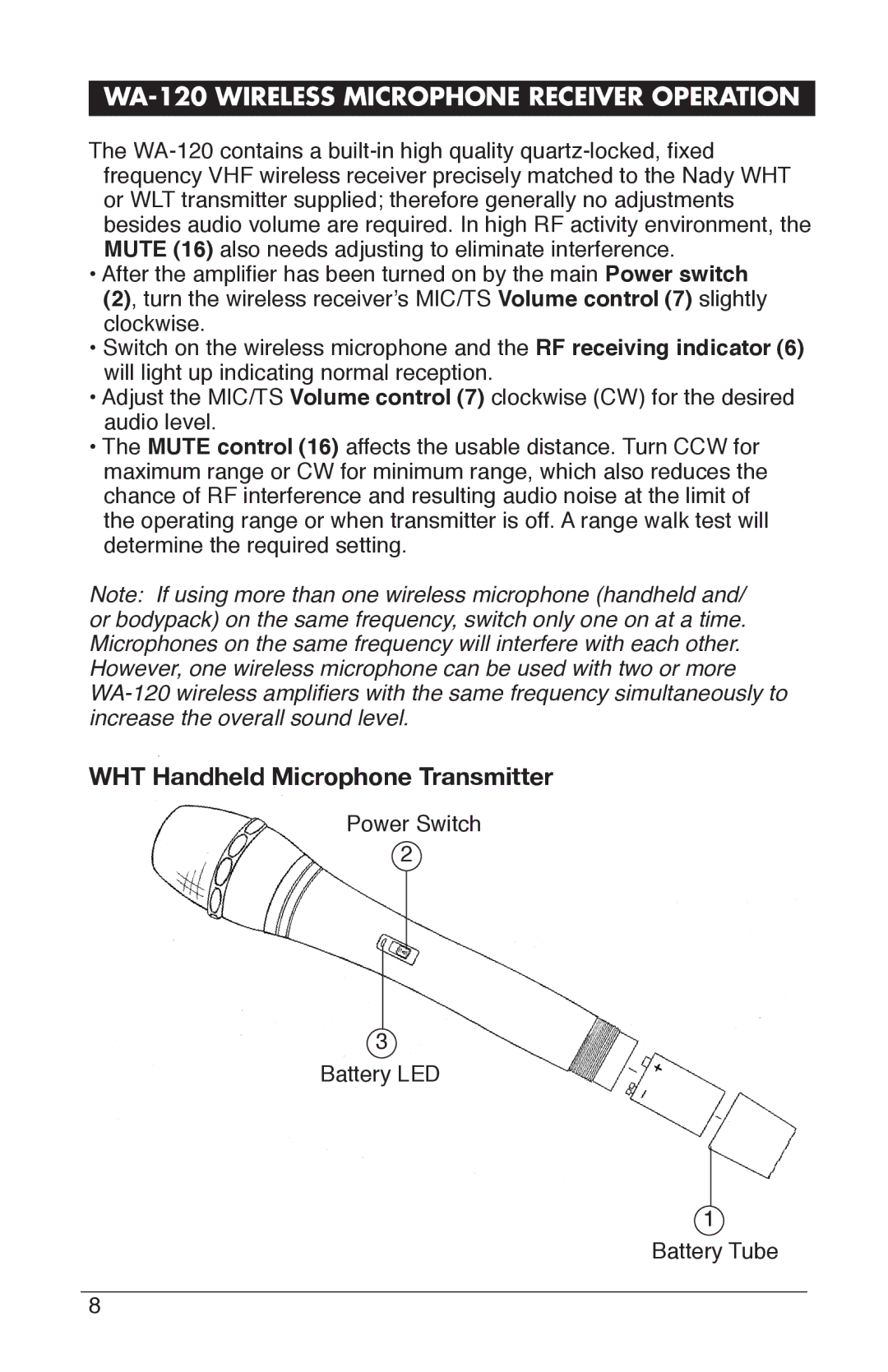 Nady Systems WA120LTOA115, WA120LTOR, WA120LTOP, WA120LTOK1, WA120LTOH, WA120HTD WA-120 Wireless Microphone Receiver Operation 