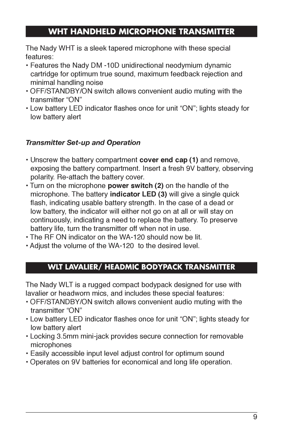 Nady Systems WA120HTR, WA120LTOR, WA120LTOP, WA120LTOK1, WA120LTOH, WA120LTOG1, WA120LTOM1 WHT Handheld Microphone Transmitter 