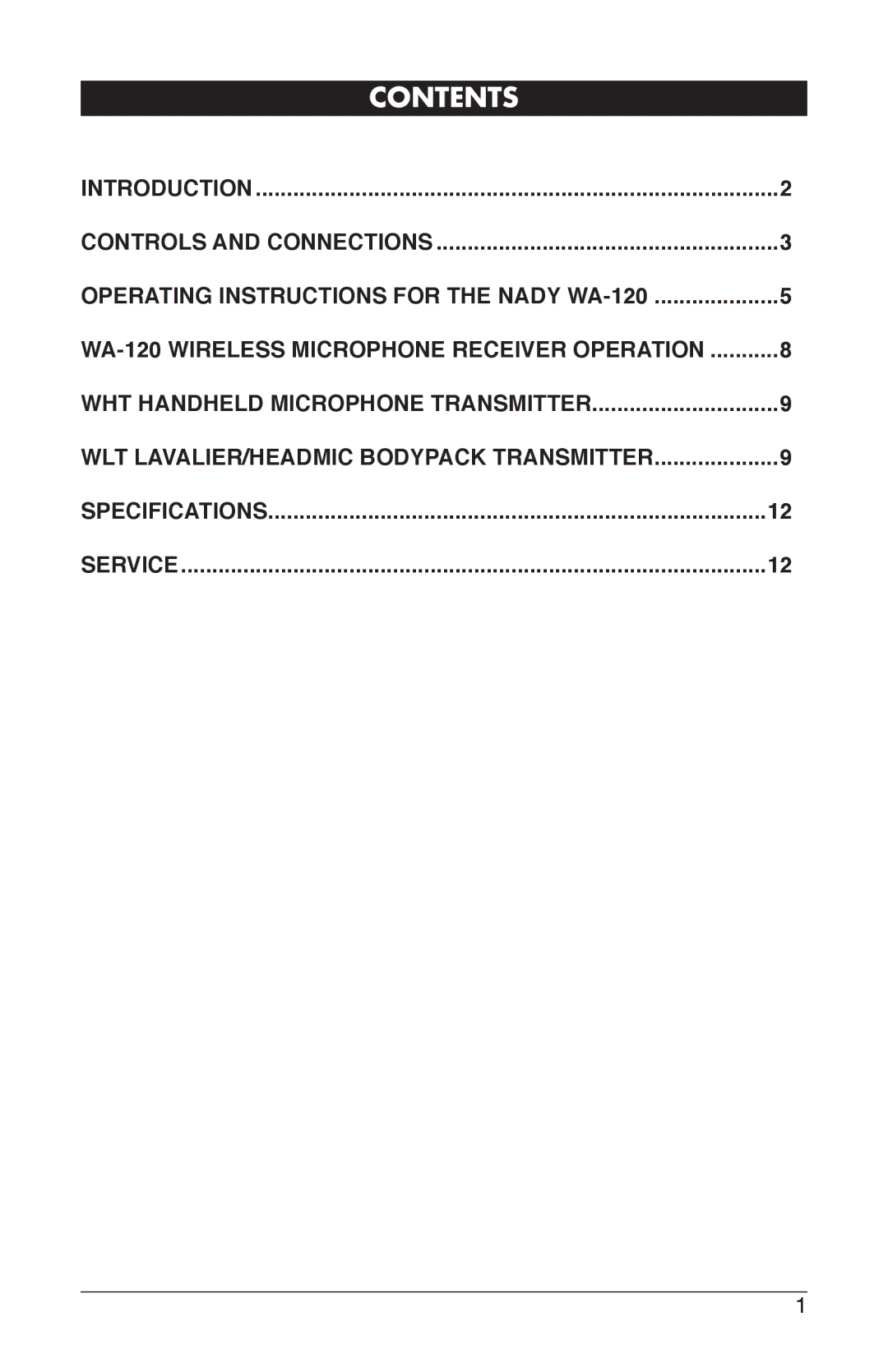 Nady Systems WA120LTOH, WA120LTOR, WA120LTOP, WA120LTOK1, WA120LTOG1, WA120LTOM1, WA120LTOB, WA120LTON, WA120LTOA3115 Contents 