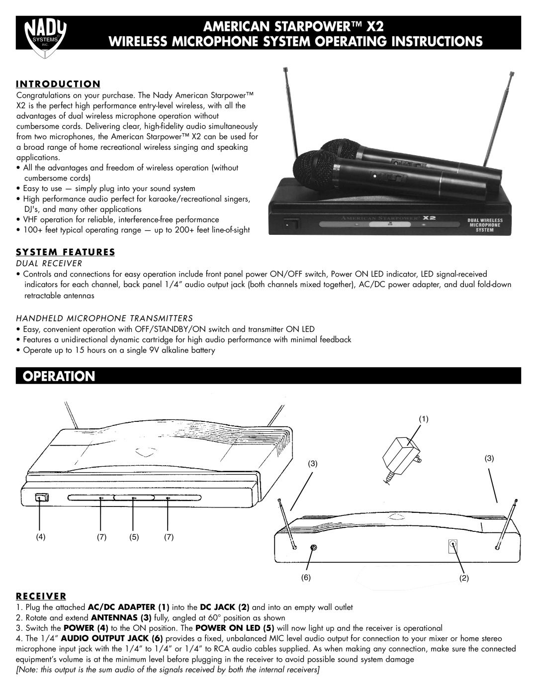 Nady Systems X2 operating instructions Operation, T R O D U C T I O N, System Features, Receiver 