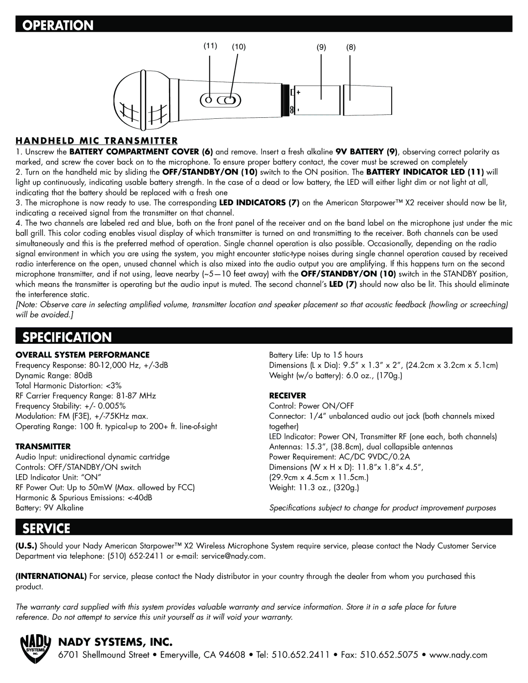 Nady Systems X2 operating instructions Specification, Service, Handheld MIC Transmitter 