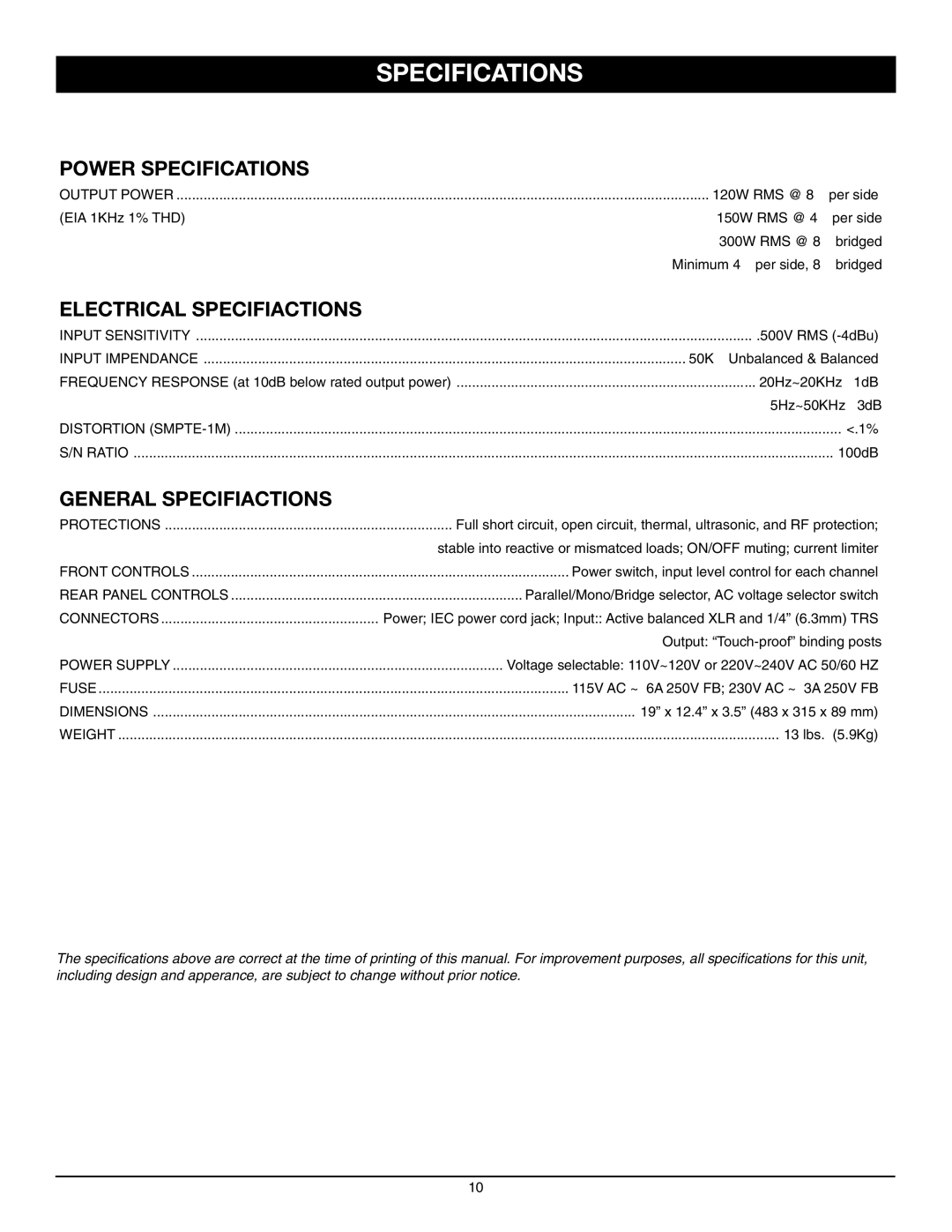 Nady Systems XA-300 owner manual Power Specifications 